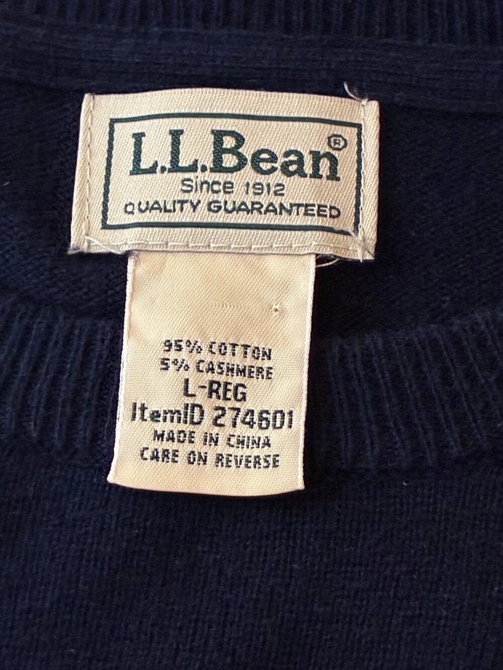 L.L. Bean Men's Large Navy Cotton Cashmere Crewneck Sweater Quiet Luxury